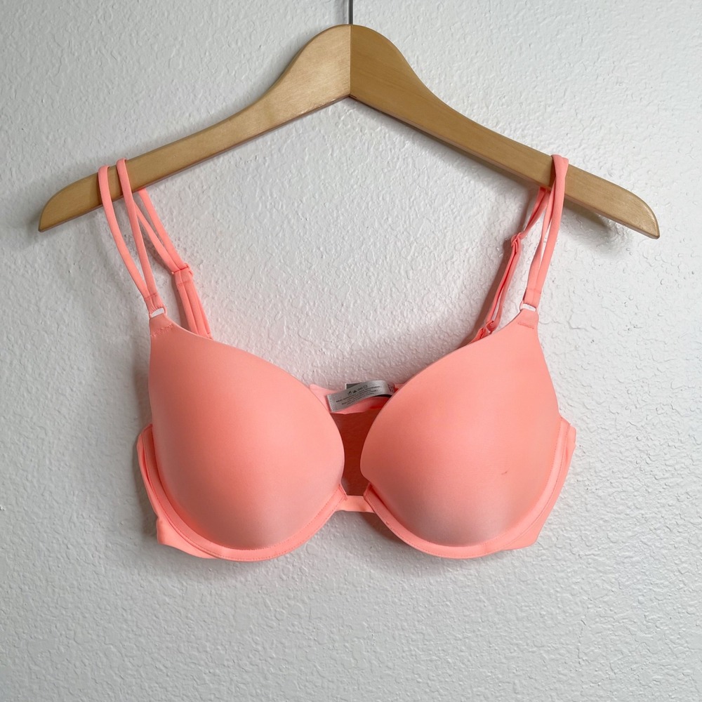 Victorias Secret 34D Push Up Bra Neon Peach Coral Underwire Double Strap Padded